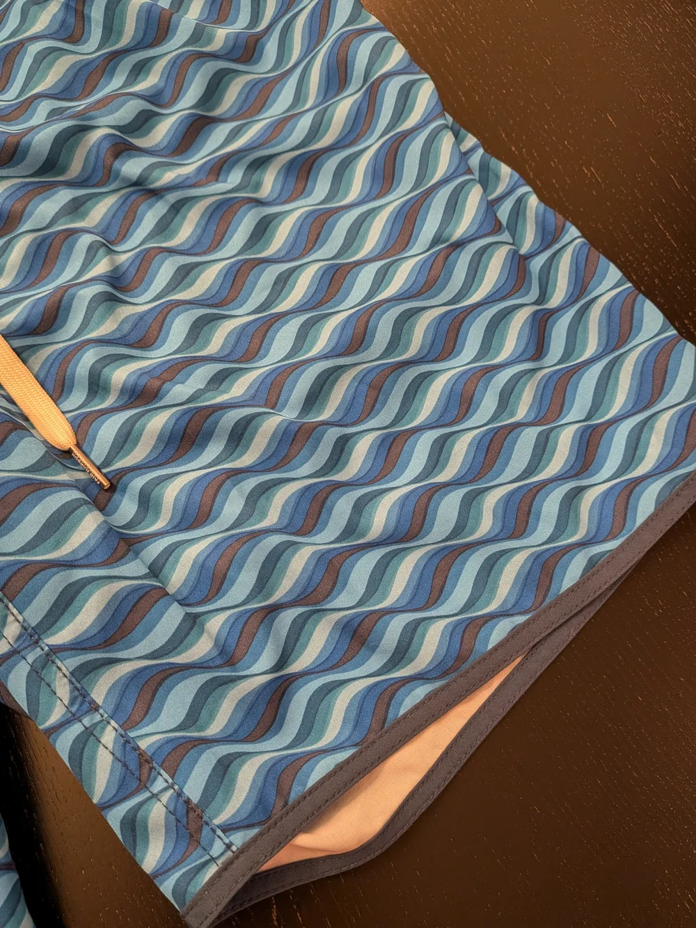 Fair Harbor Men's Blue Wave-Print Swim Trunks with Tan Drawstring